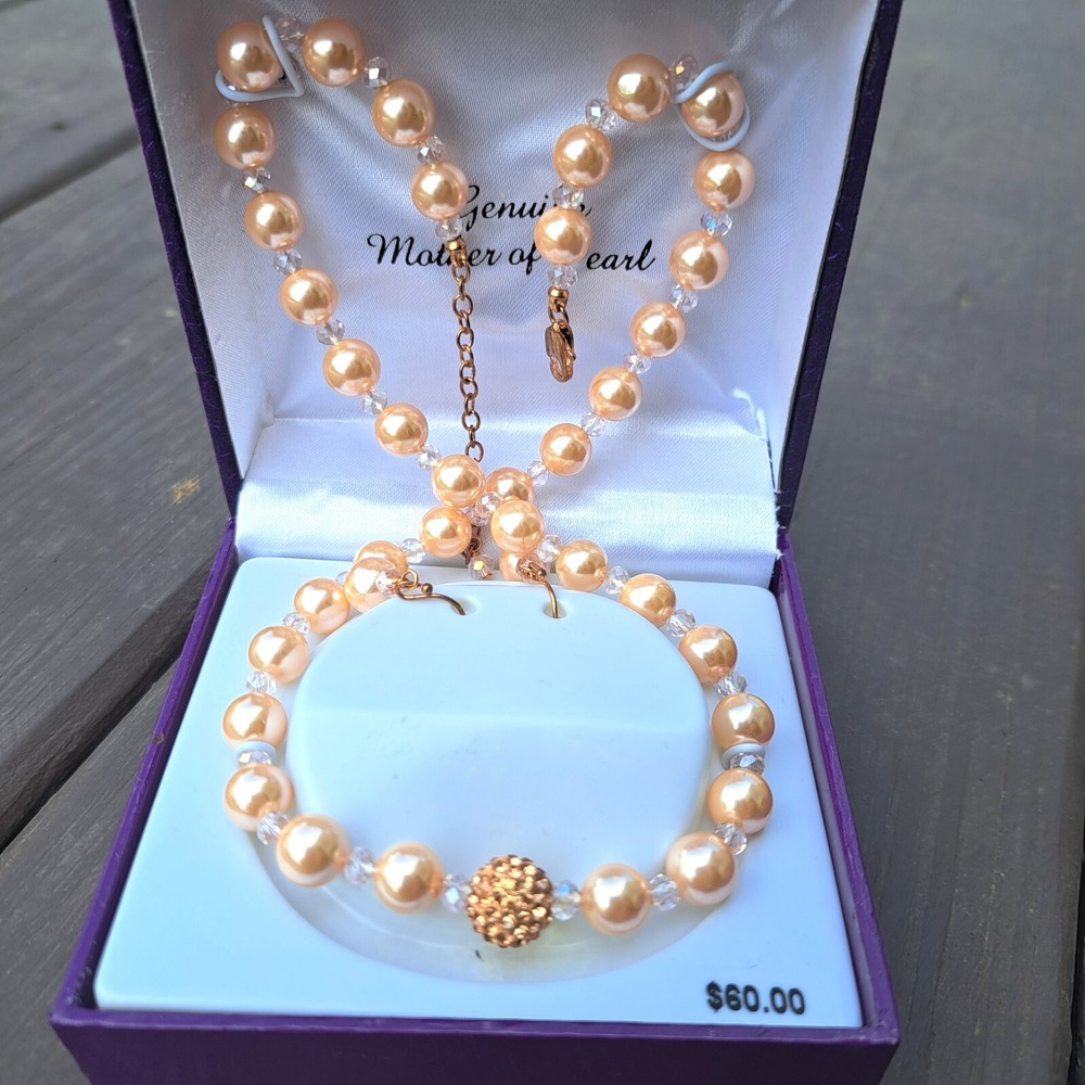 GENUINE MOTHER OF PEARL NECKLACE EARRINGS ROSE GOLD PLATED‎ 17"